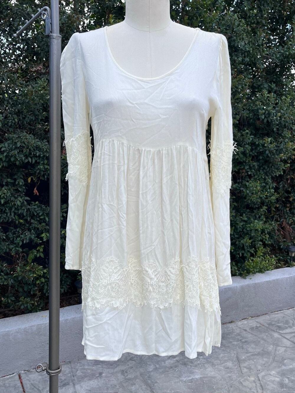 Ivory Lace Trim Long Sleeve Boho Babydoll